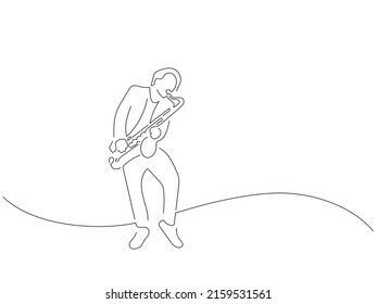 Sax player in line art drawing style. Composition of a musician playing. Black linear sketch isolated on white background. Vector illustration design.