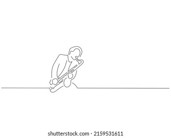 Sax player in line art drawing style. Composition of a musician playing. Black linear sketch isolated on white background. Vector illustration design.