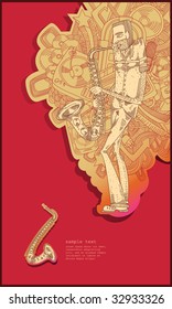 reproductor sax - dibujo de línea - vector de fondo rojo