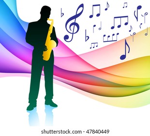 Sax Player on Musical Note Color Spectrum Original Vector Illustration