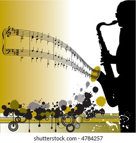 A sax player silhouette with music cascade plus grunge