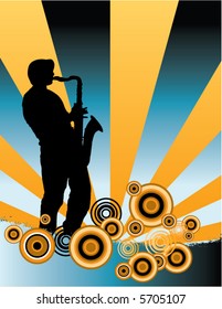 A sax player silhouette with music cascade plus grunge