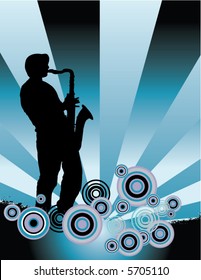 A sax player silhouette with music cascade plus grunge