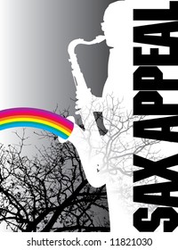 Sax player with tree and rainbow and space for text