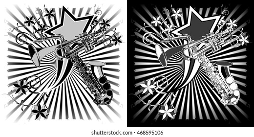 Sax and trumpet black and white Graphics with floral patterns.