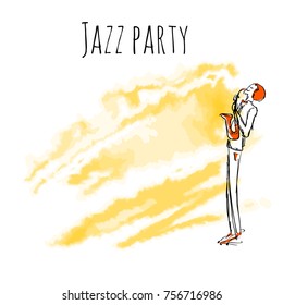Saxaphone Player On Watrecolor Background. Vector Jazz Party Poster Template With Copy Space.
