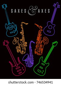 Saxes and axes in neon colors on a black background