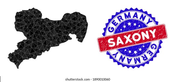 Saxony Land map polygonal mesh with filled triangles, and distress bicolor seal. Triangle mosaic Saxony Land map with mesh vector model, triangles have randomized sizes, and positions,