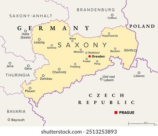 Sajonia, un estado en Alemania, mapa político con la capital Dresde, fronteras y ciudades Grandes. Oficialmente el Estado Libre de Sajonia, que limita con los países de Polonia y la República Checa. Ilustración.