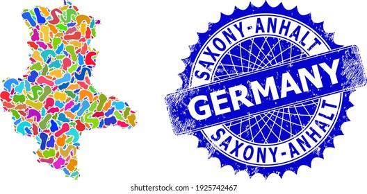 Saxony-Anhalt Land map vector image. Spot mosaic map and corroded mark for Saxony-Anhalt Land. Sharp rosette blue mark with caption for Saxony-Anhalt Land map.