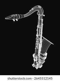 Saxofone modelo 3D renderizado com detalhes realistas e textura metálica suave, isolado em um fundo preto elegante para alto contraste. As curvas e teclas elegantes são realçadas, criando um.