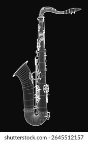 Saxofone modelo 3D renderizado com texturas realistas e brilho metálico, isolado em um fundo preto elegante. As curvas e teclas detalhadas destacam o design elegante do instrumento.