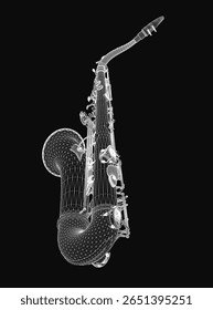 Saxophone 3D model rendered with realistic details and metallic shine, isolated on a sleek black background. The instrument features intricate keys and smooth curves for a professional presentation.