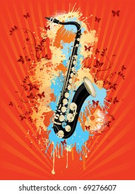 Saxophone With Abstract Swirl on Retro Background.Vector.
