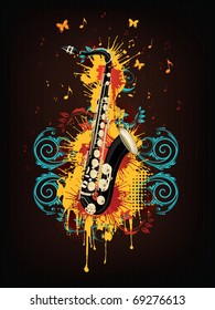 Saxophone With Abstract Swirl on Retro Background.Vector.