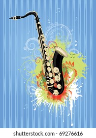 Saxophone With Abstract Swirl on Retro Background.Vector.