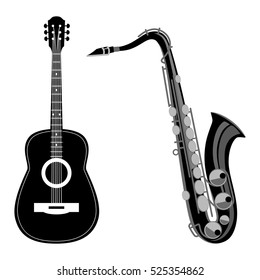 Saxophone and acoustic guitar. Vector illustration, isolated on a white background.Vintage label, illustration, logotype. 