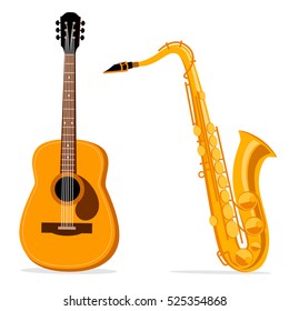 Saxophone and acoustic guitar. Vector illustration, isolated on a white background.Vintage label, illustration, logotype. 