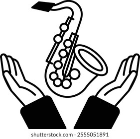 A saxophone is being held by two hands