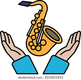 A saxophone is being held by two hands, with the instrument appearing to be in a safe and secure place