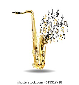 The saxophone breaks into notes, isolated on a white background. Vector illustration.