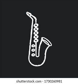 Saxophone chalk white icon on black background. Musical instrument to play blues. Jazz band live performance. Music festival concert and entertainment. Isolated vector chalkboard illustration