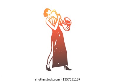 Saxophone, classic, music, woman, concert concept. Hand drawn woman in long dress playing on saxophone concept sketch. Isolated vector illustration.