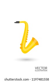 Saxophone classical music wind instrument isolated on a white background with place for text flat style vector illustration.