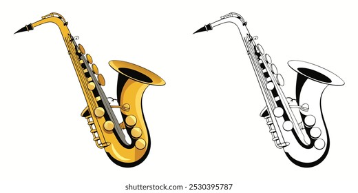 Saxophone Coloring Pages For Kids. Music Coloring Book Printable. Saxophone Music Instrument Illustration Vector Design On White Background