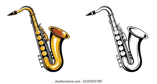 Saxophone Coloring Pages For Kids. Music Coloring Book Printable. Saxophone Illustration Vector Design On White Background