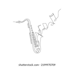 Saxophon kontinuierliche Linie Vektorgrafik. Einzeilige Zeichnung von klassischem Saxophon und Musiknote. Handgezeichneter Minimalismus-Stil.