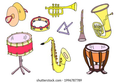 Saxophone, cymbals, tambourine, timpani, triangle, snare drum, tuba, clarinet and trumpet set. Hand drawn musical instruments vector icon collection.