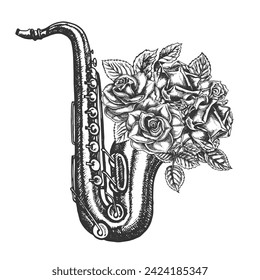 Saxophone decorated with roses, graphic vector black and white illustration. For posters, flyers and invitation cards. For banners and postcards. For logos, badges, stickers and prints.
