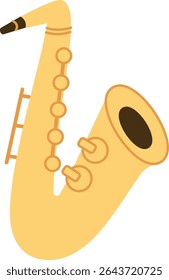 Um saxofone retratado com linhas suaves e detalhes simplificados. O instrumento musical é mostrado em um estilo limpo e moderno. Ilustração de vetor de desenhos animados.