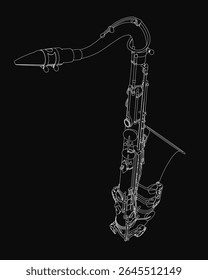 Saxofone desenhado em preto e branco com detalhes intrincados de chaves, cordas e corpo curvo. O forte contraste com o fundo preto destaca sua elegante silhueta.
