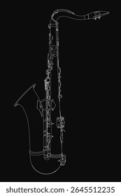 Saxofone desenhado em preto e branco com detalhes intrincados, mostrando chaves, cordas e curvas contra um fundo escuro. A composição de alto contraste destaca o design elegante do instrumento.