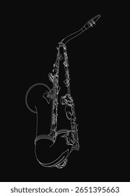 Saxophone drawn in clean line art style stands out against a black background. The white details of the instrument create striking contrast. Perfect for music themes, posters.
