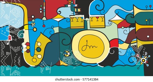 Saxophone and drum. Graphic colorful prints for banners and paintings.