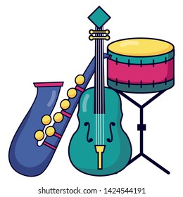 saxophone fiddle and drum instrument festival music vector illustration