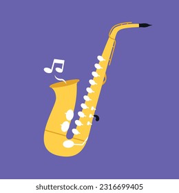 Saxophone flat icon. Vector illustration of saxophone on purple background.
