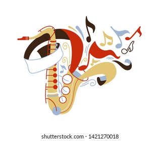 Saxophone flat vector illustration. Sax with notes isolated clip art. Professional brass instrument. Classic music, jazz concert performance. Saxophonist equipment with ribbon and notes