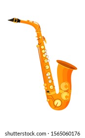 Saxophone flat vector illustration. Wind musical instrument, orchestra item isolated on white background. Golden sax. Cane musical instrument, conservatory attribute. Classical music