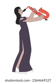 Saxophone girl in recital dress line cartoon flat illustration. Indian woman saxophonist 2D lineart character isolated on white background. Performer plays woodwind instrument scene vector color image