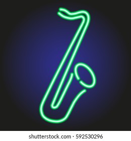 saxophone glowing green neon outline on a dark background vector illustration