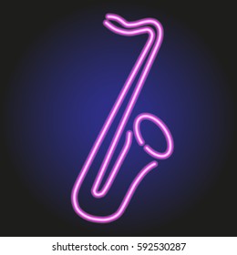 saxophone glowing pink neon outline on a dark background vector illustration