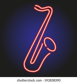 saxophone glowing red neon outline on a dark background vector illustration