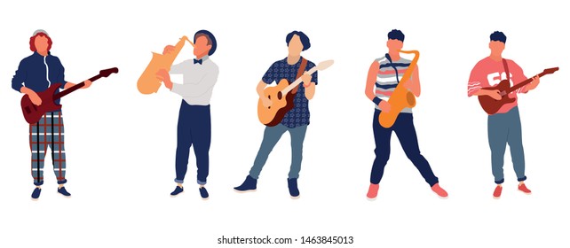 Saxophone and guitar player. Isolated flat illustration set - Vector