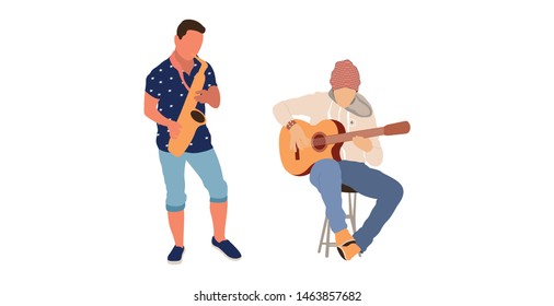 Saxophone and guitar player. Isolated flat illustration set - Vector