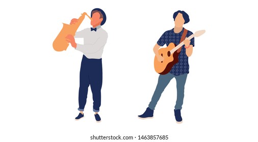 Saxophone and guitar player. Isolated flat illustration set - Vector