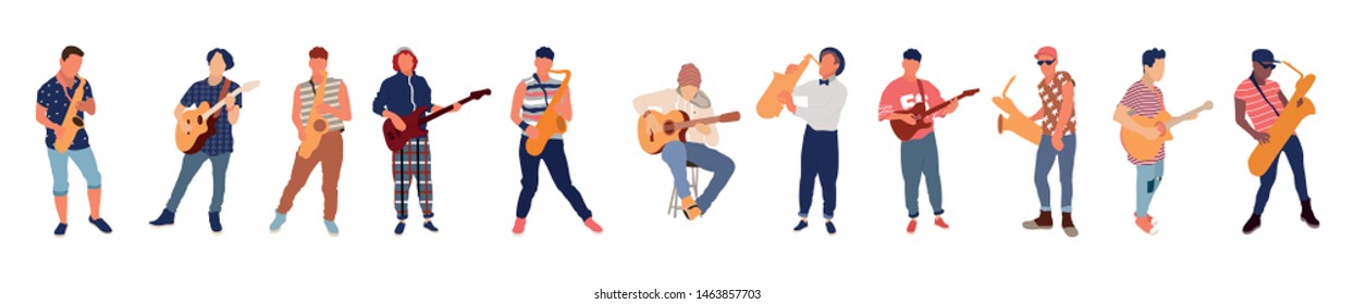 Saxophone and guitar player. Isolated flat illustration set - Vector